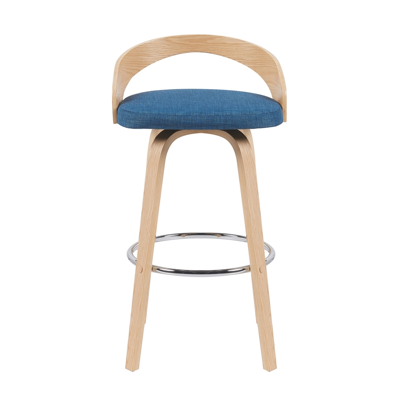 Sonia Swivel Bar Height Stool with Blue Upholstered Seat and Oak Wood Finish