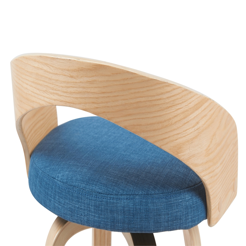 Sonia Swivel Bar Height Stool with Blue Upholstered Seat and Oak Wood Finish