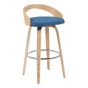 Sonia Swivel Bar Height Stool with Blue Upholstered Seat and Oak Wood Finish