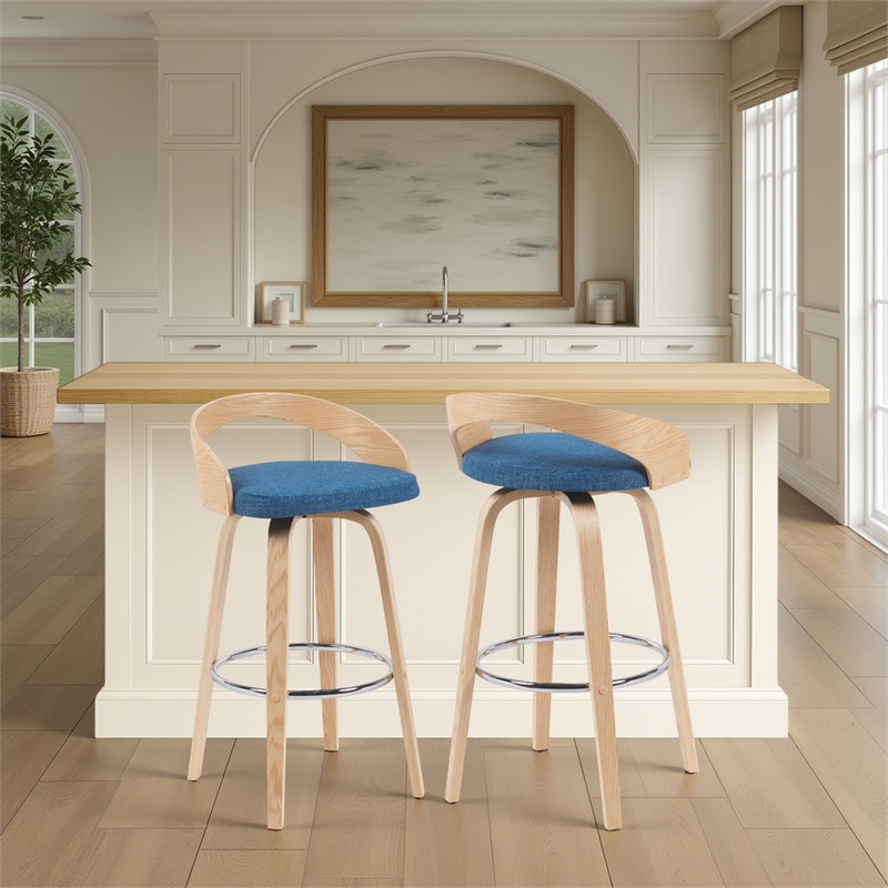 Sonia Modern Swivel Bar Height Stool with Blue Seat and Oak Wood Finish-Set of 2