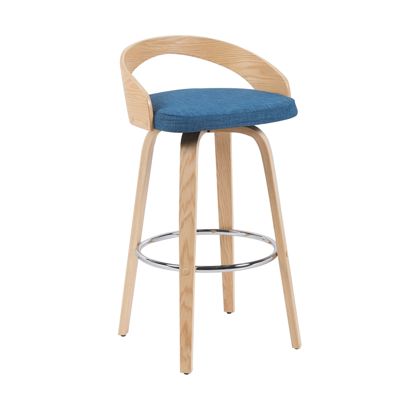 Sonia Modern Swivel Bar Height Stool with Blue Seat and Oak Wood Finish-Set of 2