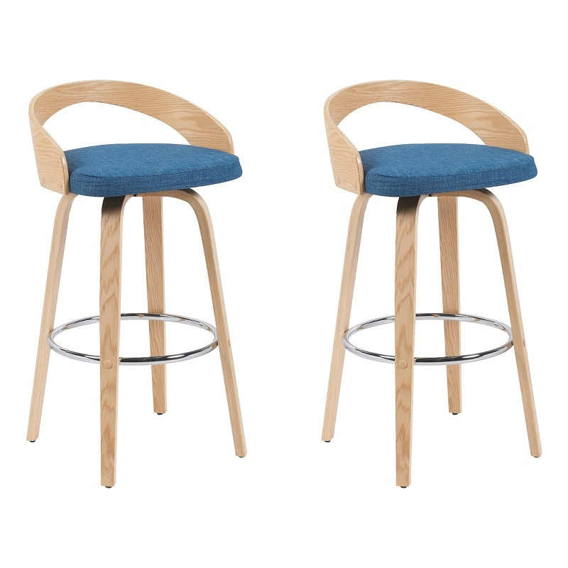 Sonia Modern Swivel Bar Height Stool with Blue Seat and Oak Wood Finish-Set of 2