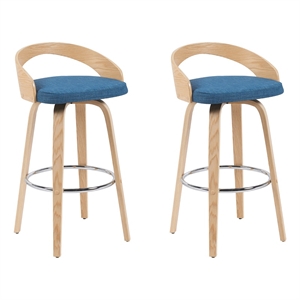 Sonia Modern Swivel Bar Height Stool with Blue Seat and Oak Wood Finish-Set of 2