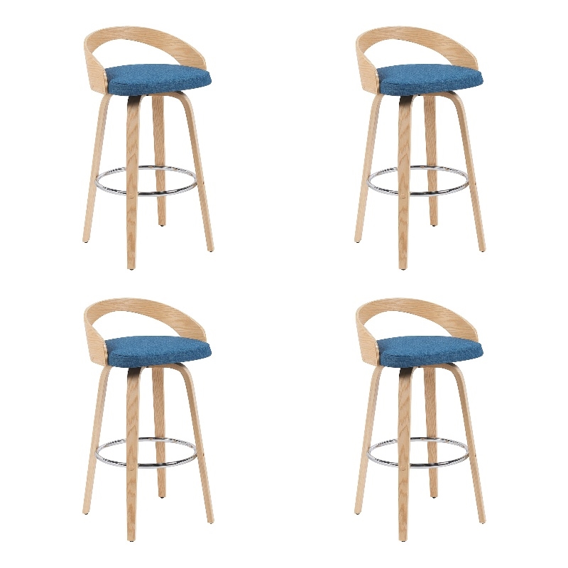 Sonia Swivel Bar Height Stool with Blue Upholstered Seat/Oak Wood- Set of 4