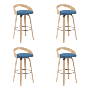 Sonia Swivel Bar Height Stool with Blue Upholstered Seat/Oak Wood- Set of 4