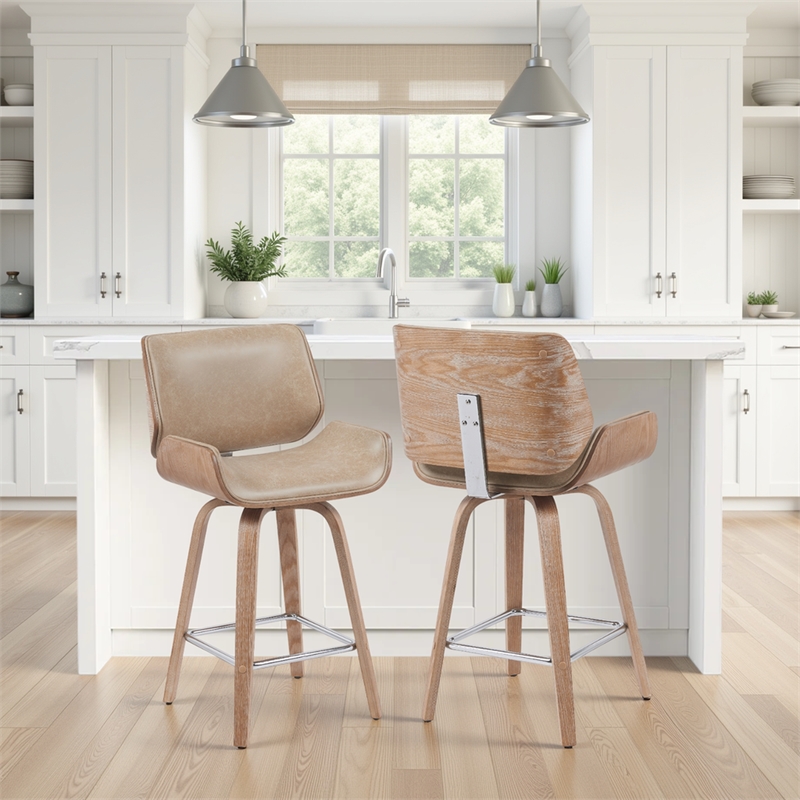 Tyler Counter Height Swivel Bar Stool in White Wash Wood/Brown Seat- Set of 2