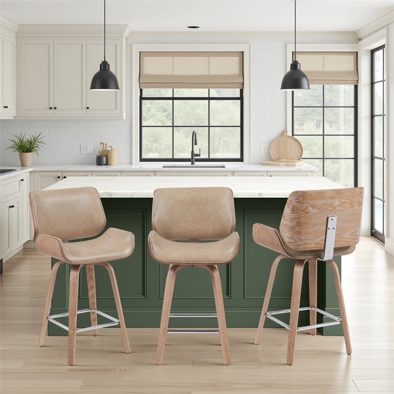 Tyler Counter Height Swivel Bar Stool in White Wash Wood/Brown Seat- Set of 2