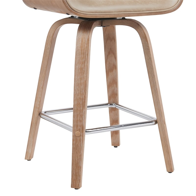 Tyler Counter Height Swivel Bar Stool in White Wash Wood/Brown Seat- Set of 2