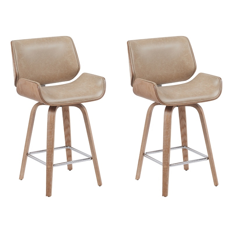 Tyler Counter Height Swivel Bar Stool in White Wash Wood/Brown Seat- Set of 2