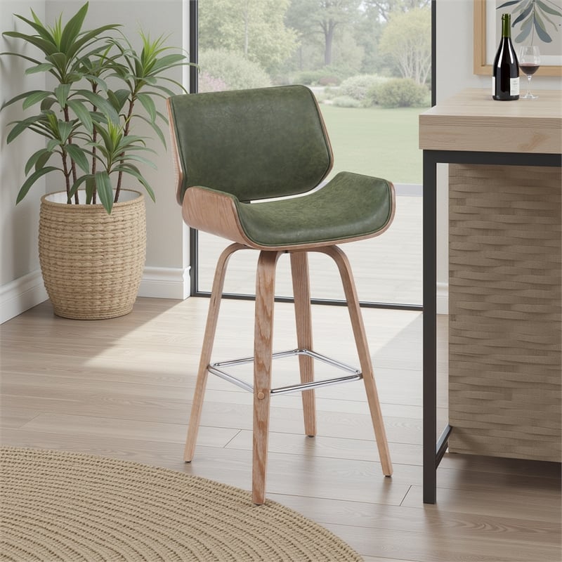 Tyler Swivel Bar Stool with White Wash Wood and Vintage Green Upholstery