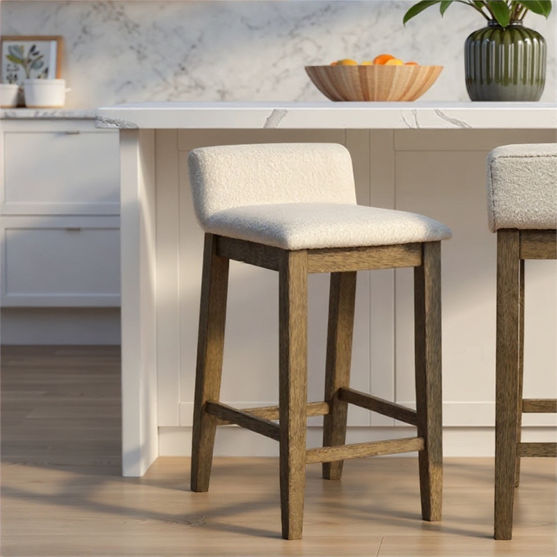 Annikah Wood Counter Height Kitchen Bar Stool in Putty Brown/White Boucle Seat