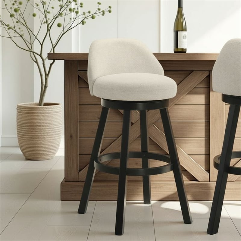 Erika Swivel Wood Bar Height Kitchen Bar Stool in Black w/ Cream Seat - Set of 2