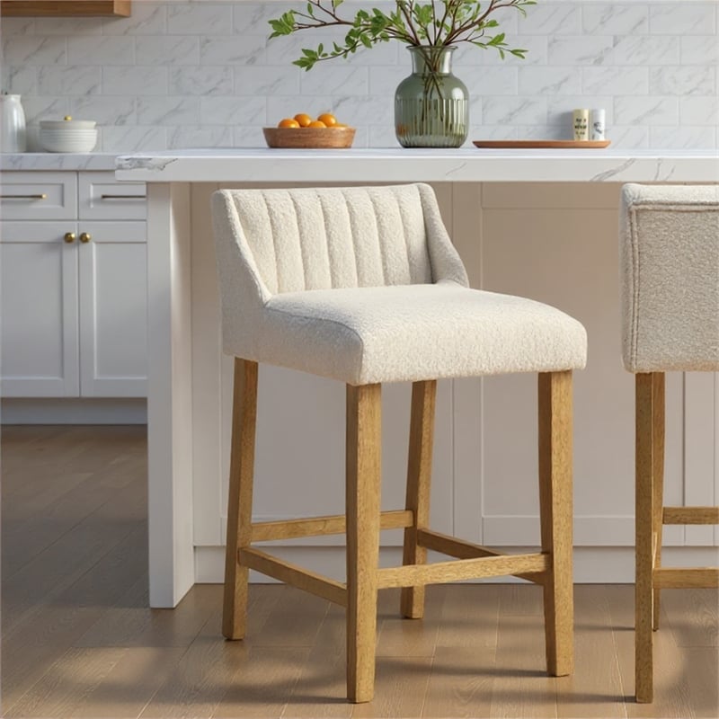 Fauna Wood Counter Height Kitchen Bar Stool in Amber Glow with White Boucle Seat