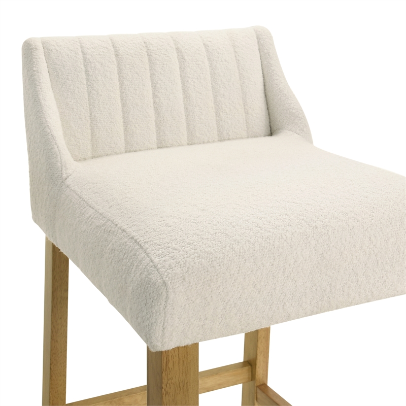 Fauna Wood Bar Height Kitchen Bar Stool in Amber Glow with White Boucle Seat