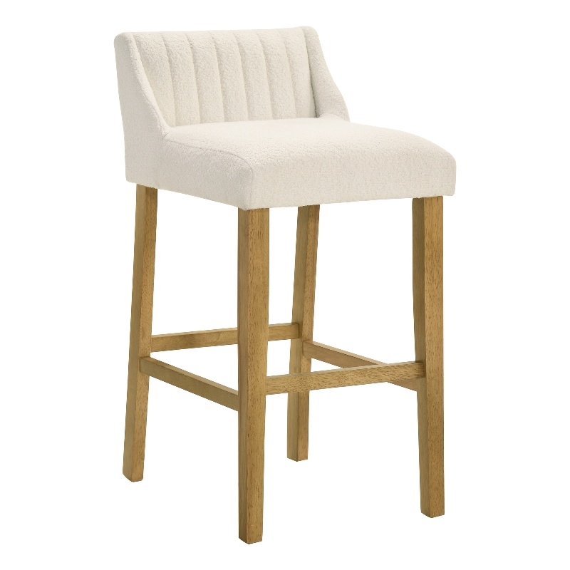 Fauna Wood Bar Height Kitchen Bar Stool in Amber Glow with White Boucle Seat