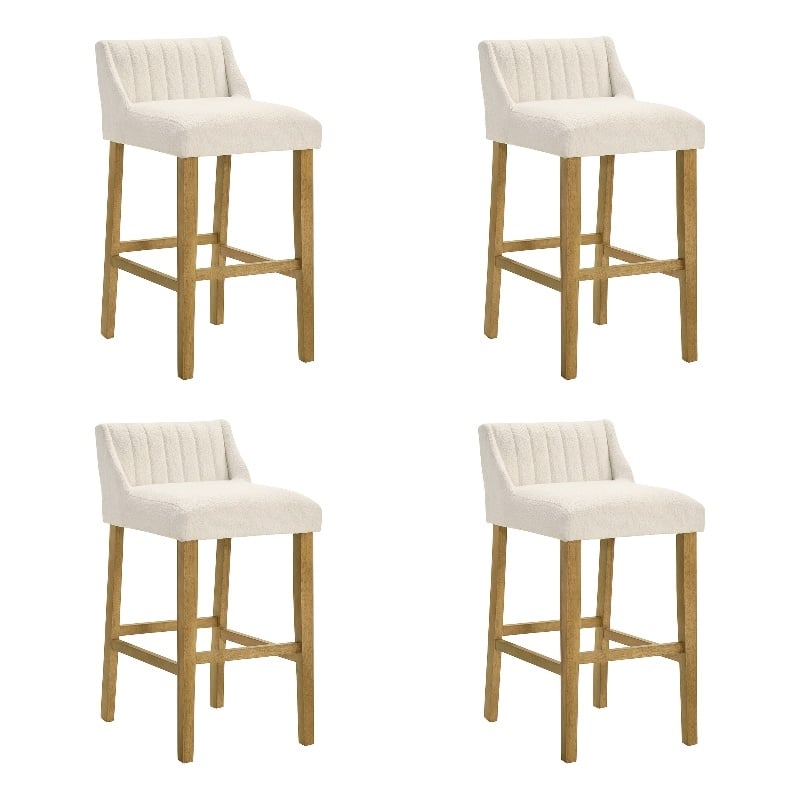Fauna Wood Bar Height Kitchen Bar Stool in Amber/White Boucle Seat - Set of 4