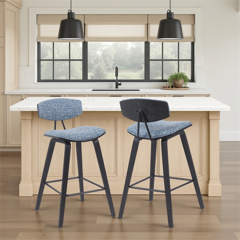 Fox Swivel Counter Height Bar Stool with Blue Seat and Black Wood- Set of 2