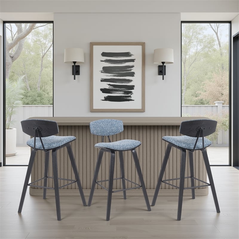 Fox Swivel Bar Height Stool with Speckled Blue Seat/Black Wood Frame- Set of 3