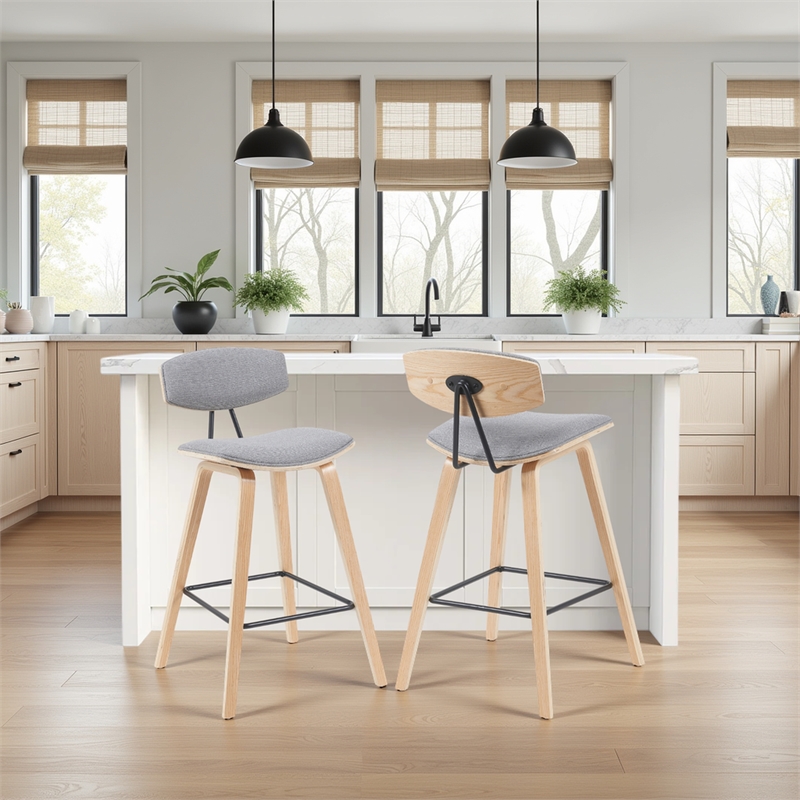 Fox Swivel Counter Height Bar Stool with Grey Seat and Oak Wood- Set of 2