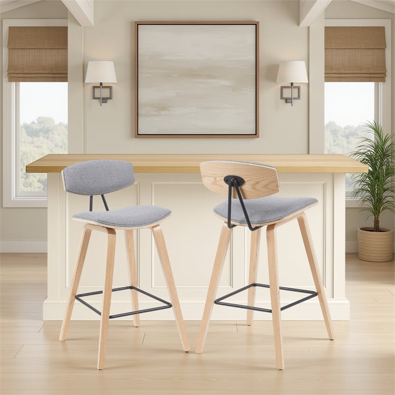 Fox Swivel Bar Height Stool with Grey Seat and Oak Wood Frame- Set of 2