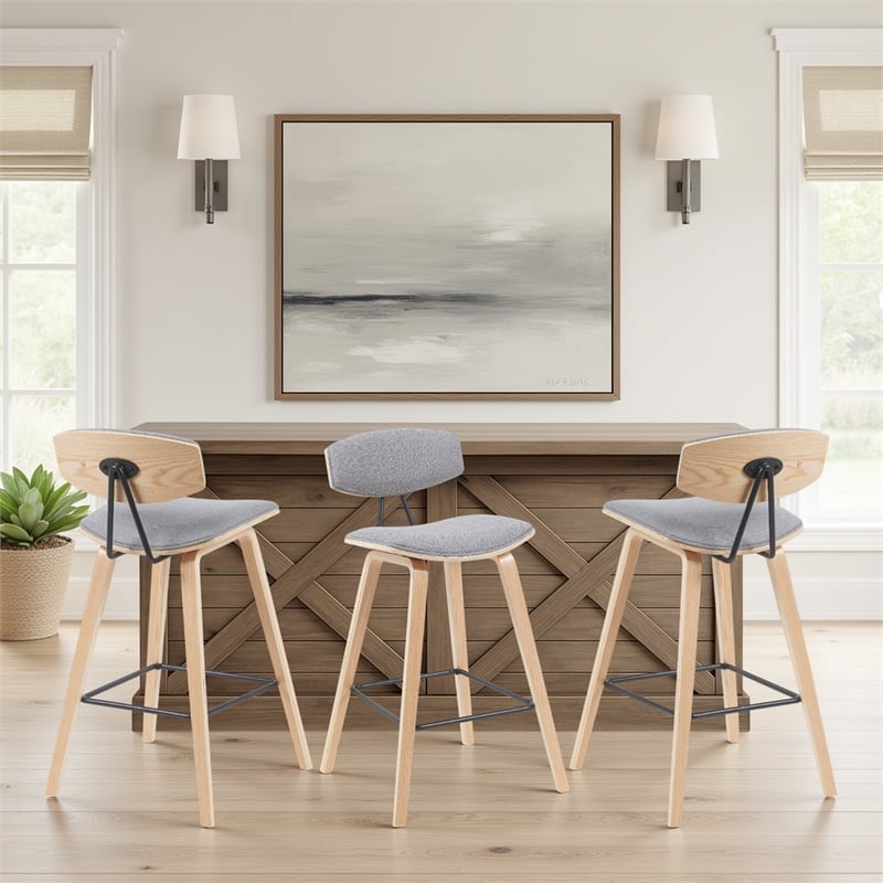 Fox Swivel Bar Height Stool with Grey Seat and Oak Wood Frame- Set of 3