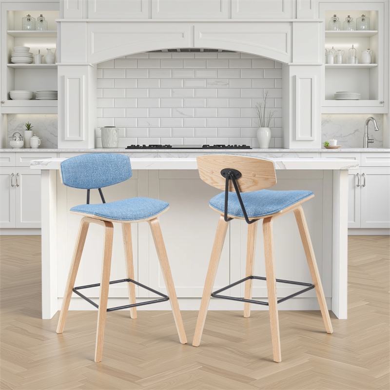 Fox Swivel Counter Height Bar Stool with Light Blue Seat and Oak Wood- Set of 2