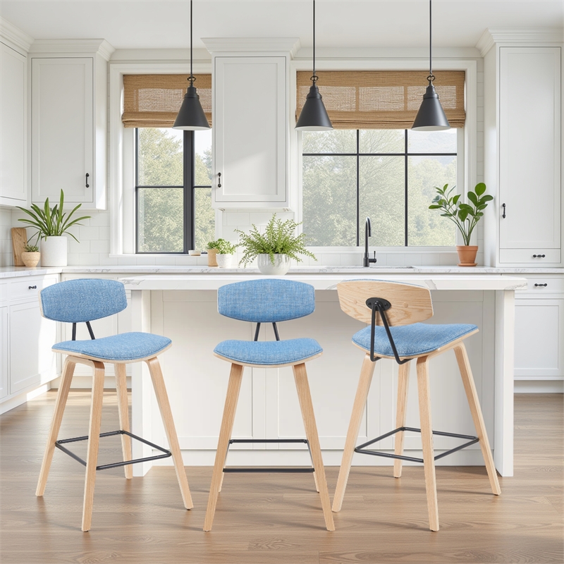 Fox Swivel Counter Height Bar Stool with Light Blue Seat and Oak-Set of 3