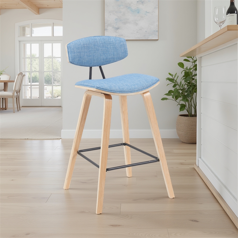 Fox Swivel Bar Height Stool with Light Blue Upholstered Seat and Oak Wood Frame