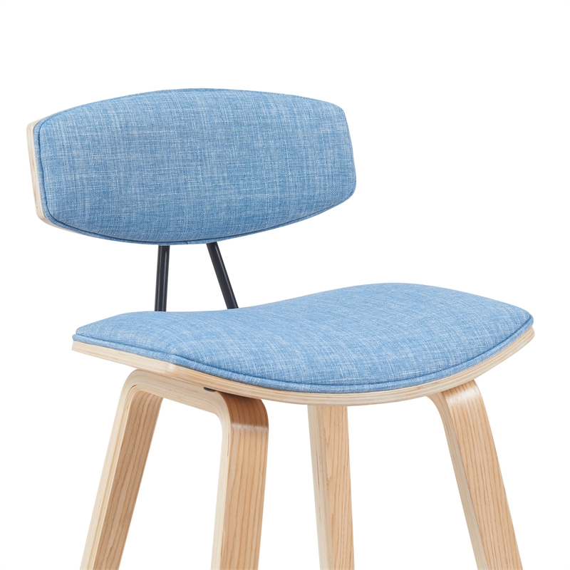 Fox Swivel Bar Height Stool with Light Blue Upholstered Seat and Oak Wood Frame