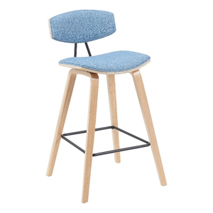 Fox Swivel Bar Height Stool with Light Blue Upholstered Seat and Oak Wood Frame