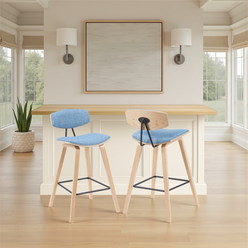 Fox Swivel Bar Height Stool with Light Blue Seat and Oak Wood Frame- Set of 2