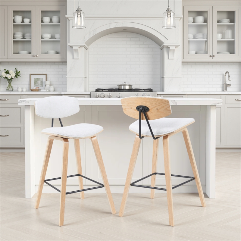Fox Swivel Counter Height Bar Stool with White Seat/Oak Wood Frame- Set of 2