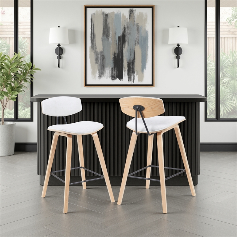 Fox Swivel Bar Height Stool with White Seat and Oak Wood Frame- Set of 2