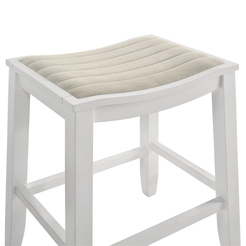 Iyani Coastal Wood Bar Height Bar Stool in White with Dune Cloud Seat- Set of 3
