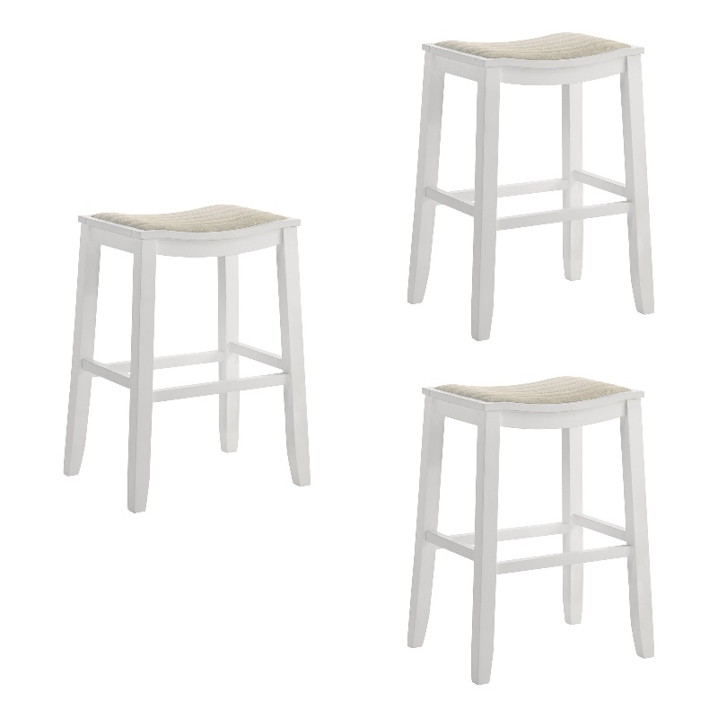 Iyani Coastal Wood Bar Height Bar Stool in White with Dune Cloud Seat- Set of 3