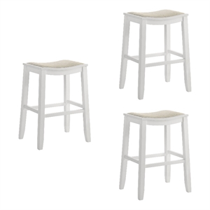 Iyani Coastal Wood Bar Height Bar Stool in White with Dune Cloud Seat- Set of 3