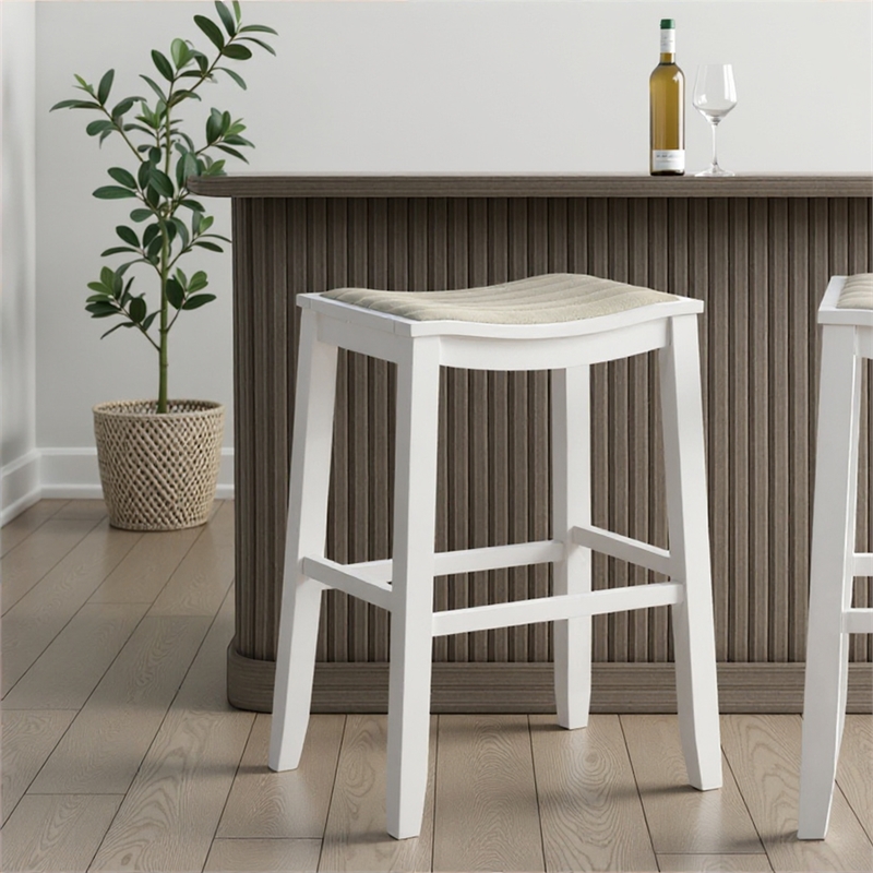 Iyani Wood Bar Height Bar Stool in White with Dune Cloud Fabric Seat - Set of 4