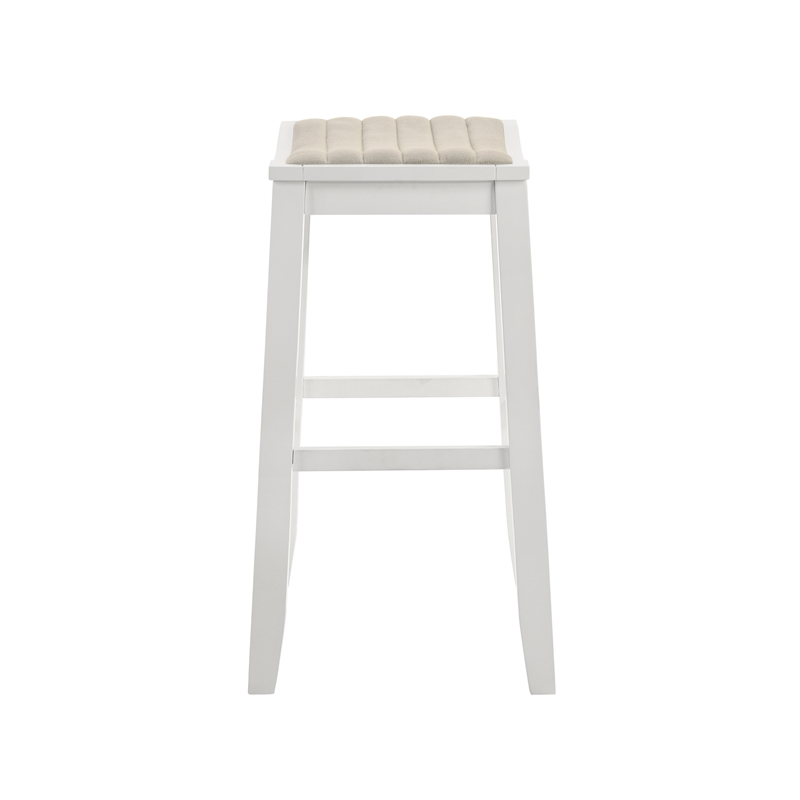 Iyani Wood Bar Height Bar Stool in White with Dune Cloud Fabric Seat - Set of 4
