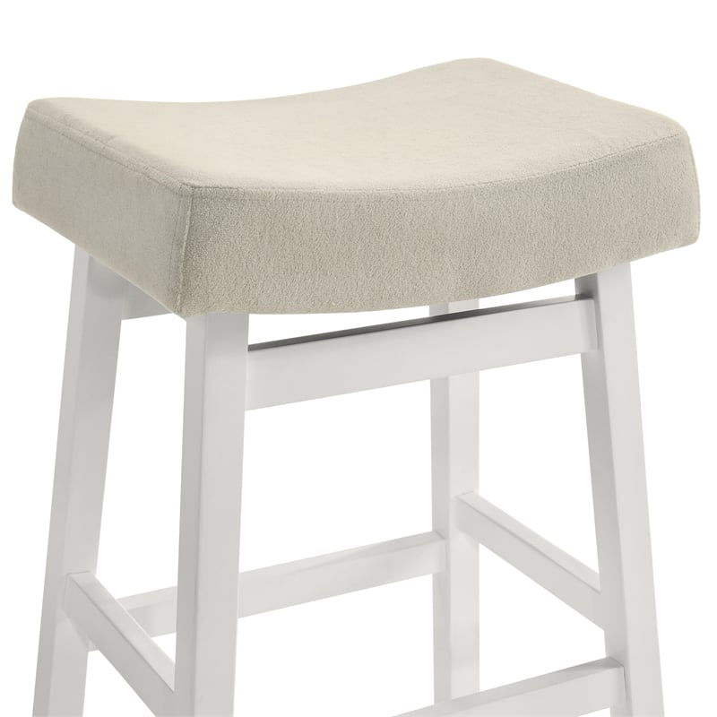 Lenon Wood Bar Height Kitchen Bar Stool in White/Cream Fabric Seat - Set of 3