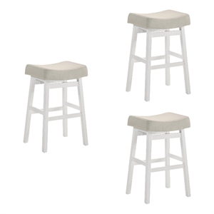 Lenon Wood Bar Height Kitchen Bar Stool in White/Cream Fabric Seat - Set of 3
