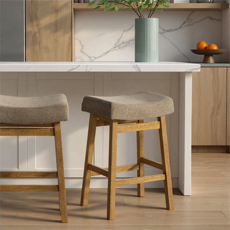 Lenon Wood Counter Height Kitchen Bar Stool in Amber with Taupe Seat - Set of 3