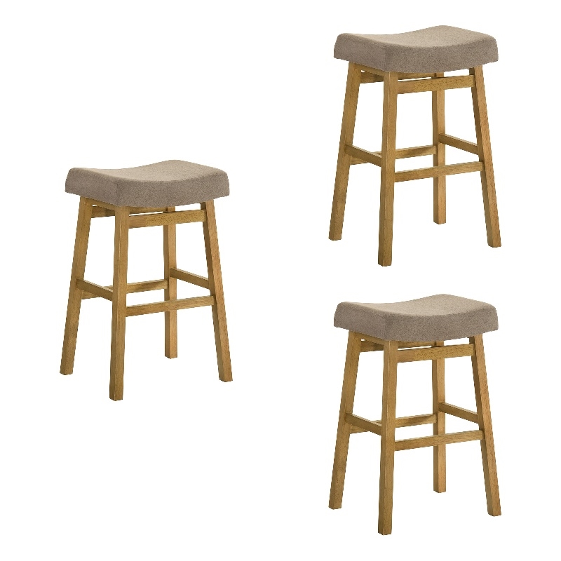 Lenon Wood Bar Height Kitchen Bar Stool in Amber with Taupe Seat - Set of 3