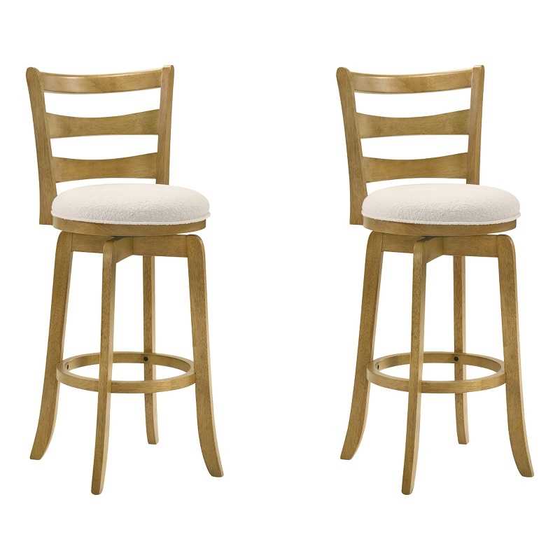 Melindra Swivel Wood Bar Height Bar Stool in Amber with White Boucle - Set of 2