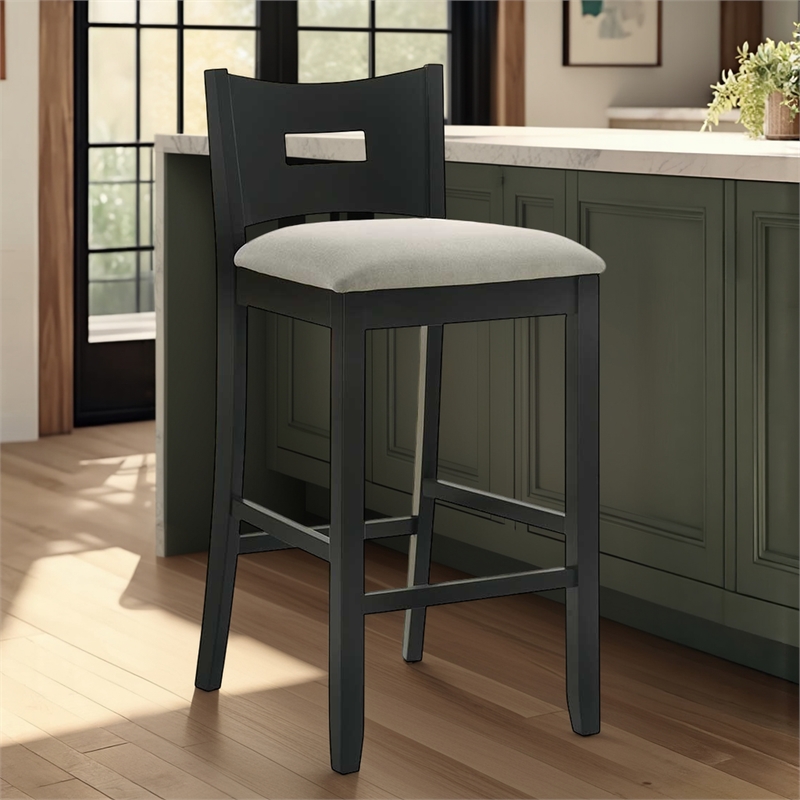 Ren 26 in. Matte Black Counter Height Rubberwood Barstool with Fog Fabric Seat