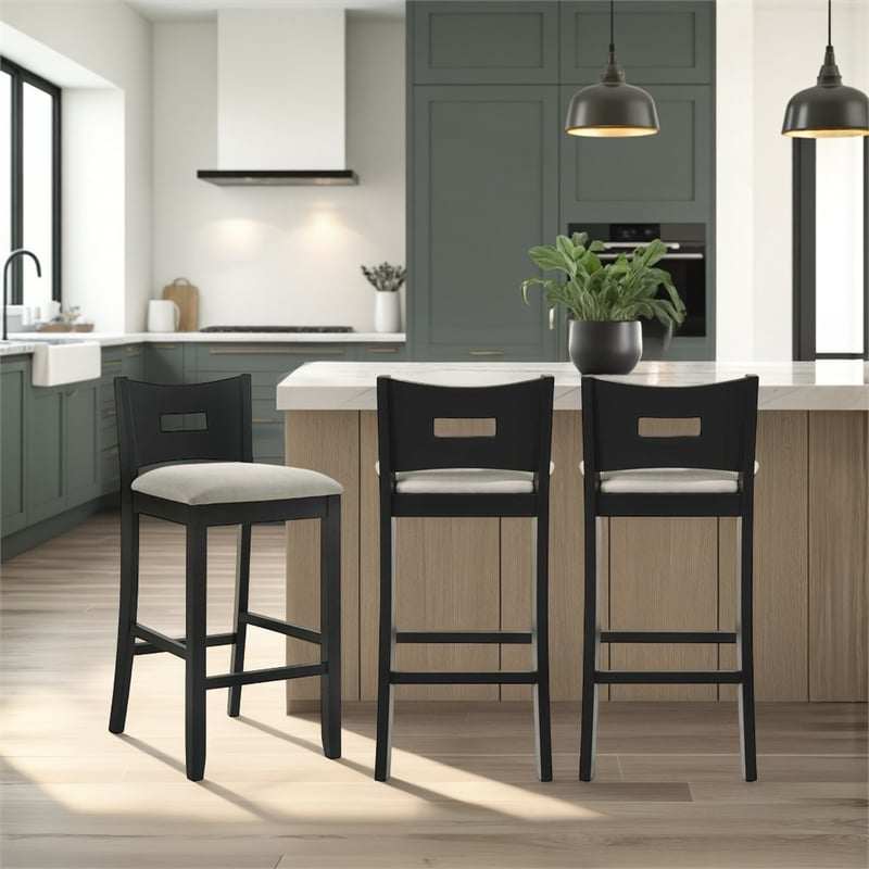 Ren 26 in. Matte Black Counter Height Rubberwood Barstool with Fog Fabric Seat