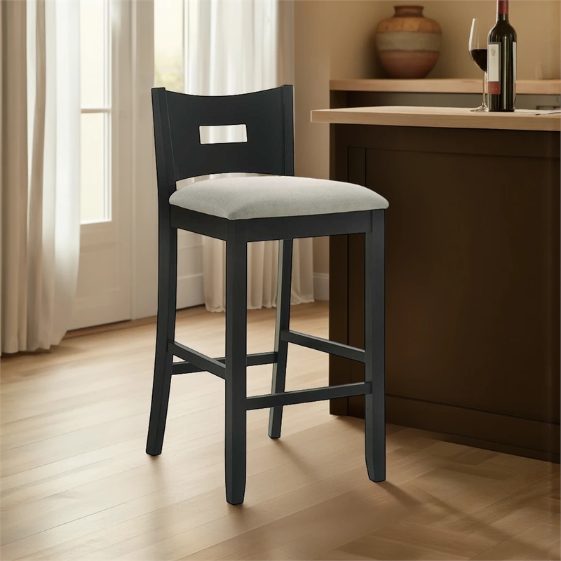 Ren 30 in. Matte Black Bar Height Rubberwood Barstool with Fog Fabric Seat