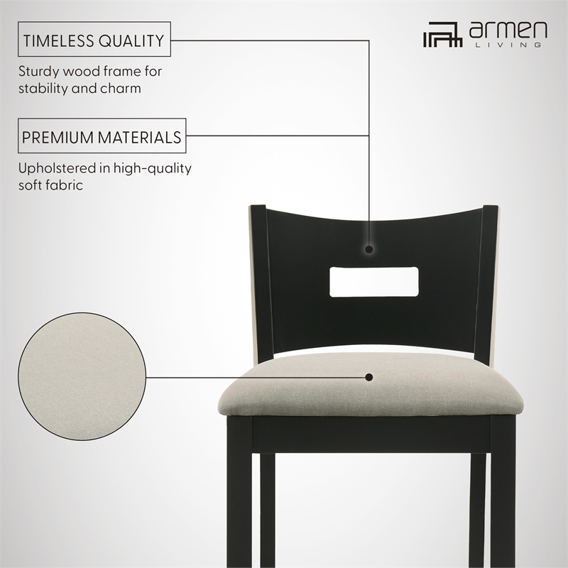 Ren 30 in. Matte Black Bar Height Rubberwood Barstool with Fog Fabric Seat