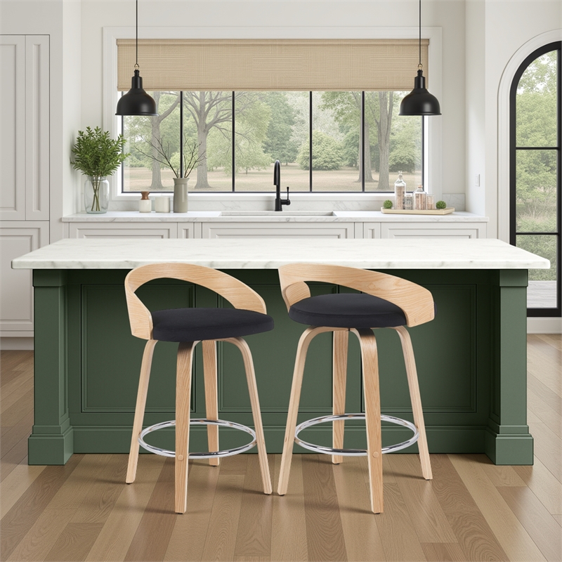 Sonia Swivel Counter Height Bar Stool with Black Seat and Oak Wood- Set of 2