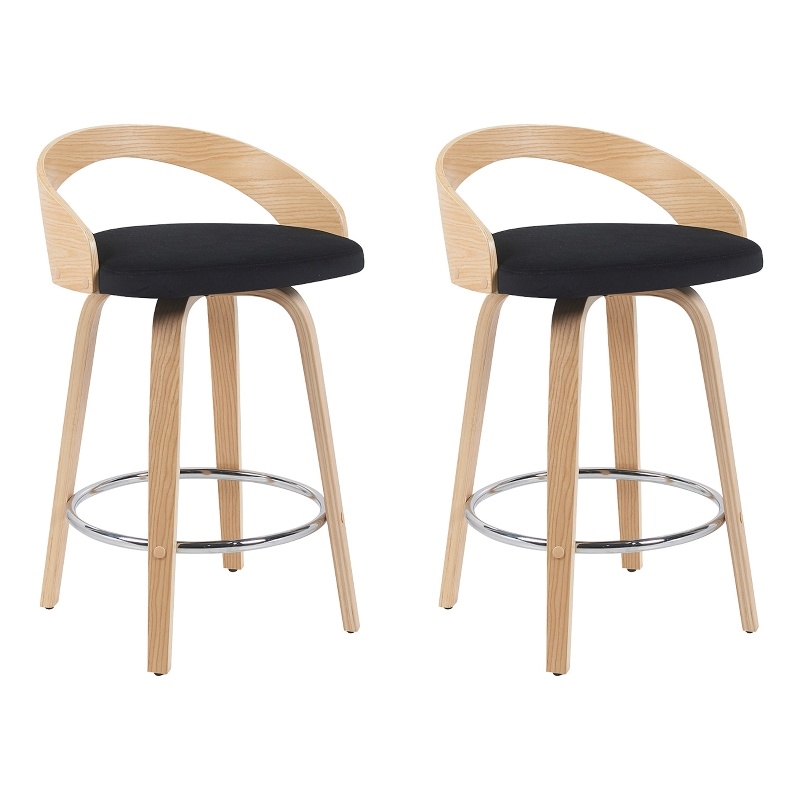 Sonia Swivel Counter Height Bar Stool with Black Seat and Oak Wood- Set of 2