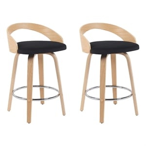 Sonia Swivel Counter Height Bar Stool with Black Seat and Oak Wood- Set of 2